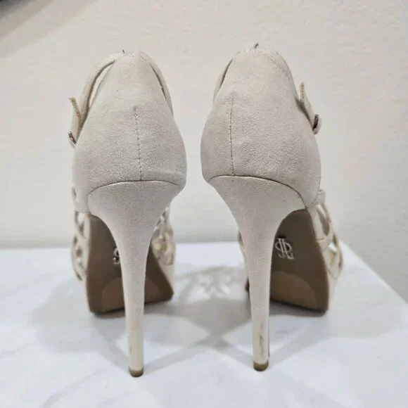 Jennifer Lopez ✦ Nude Suede Studded Cutout Platform Heels ✦ Ankle Strap 6 - Picture 4 of 12